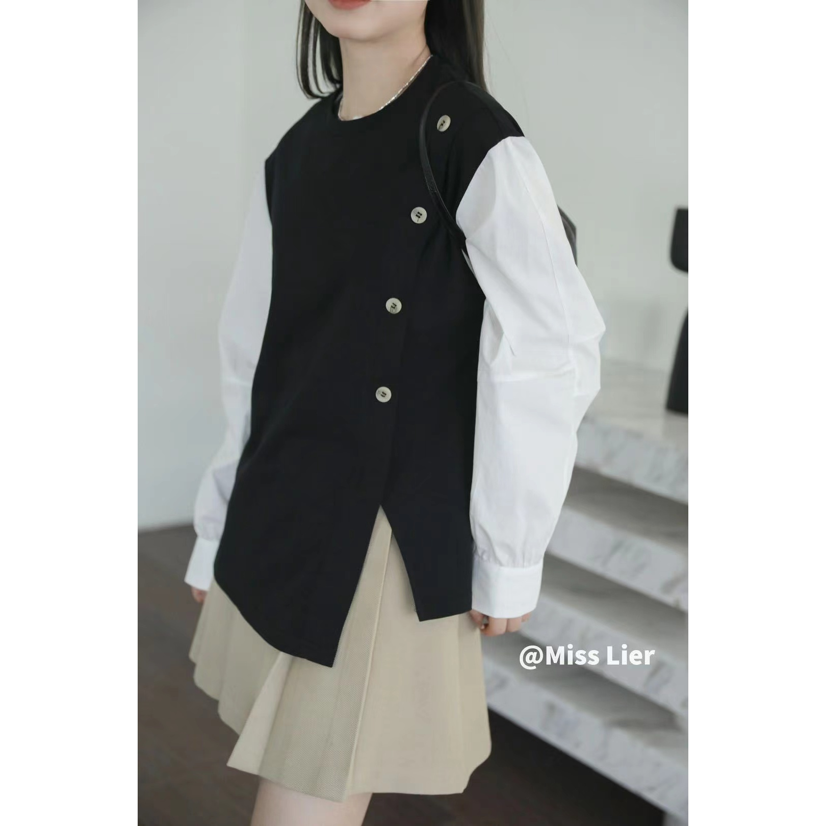 655斜纽扣拼接衬衫