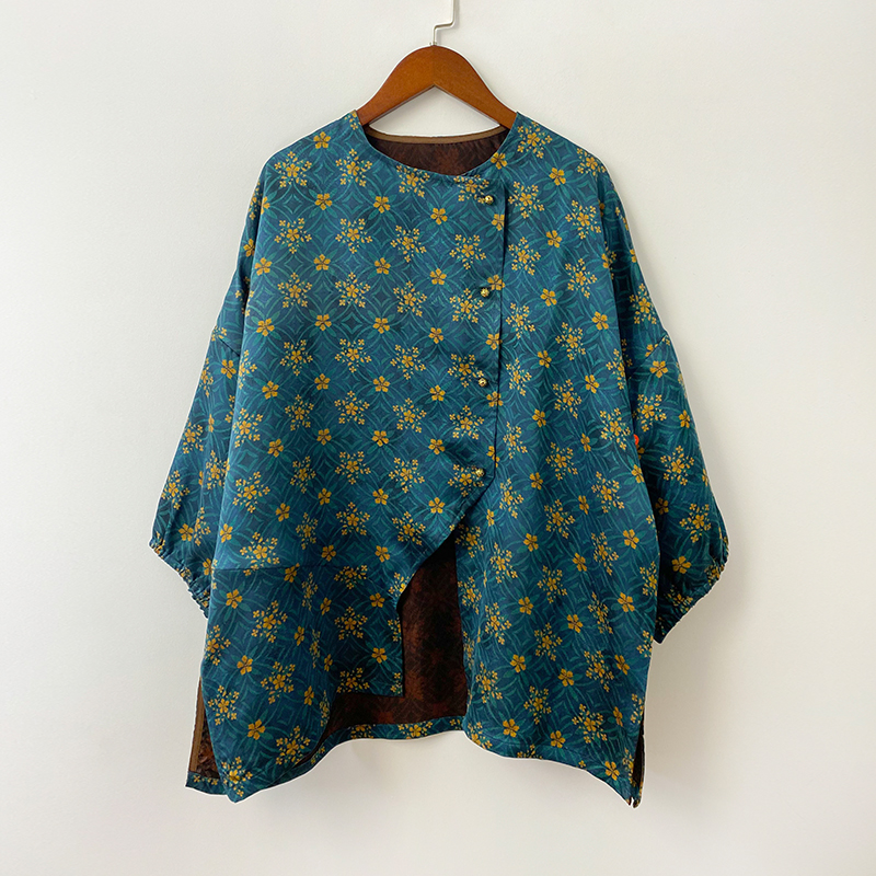 2025春季新款桑蚕丝蓝色小黄花香云纱毛衫外套长袖上衣新中式复古