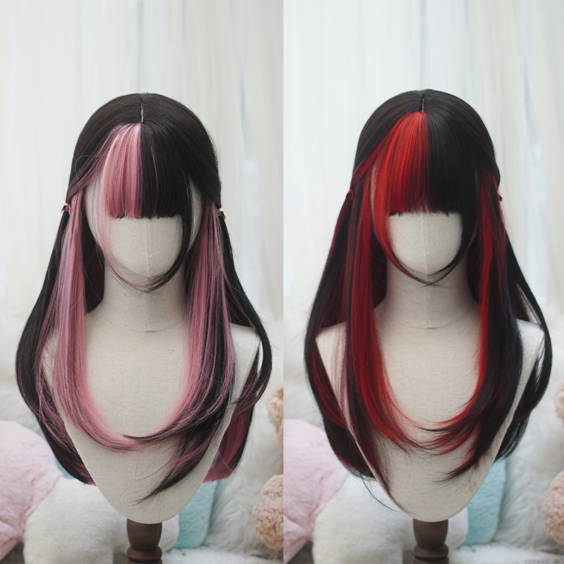 御茶水Lolita假发洛丽塔日常仿真 黑长直挑染 红粉整顶拼色