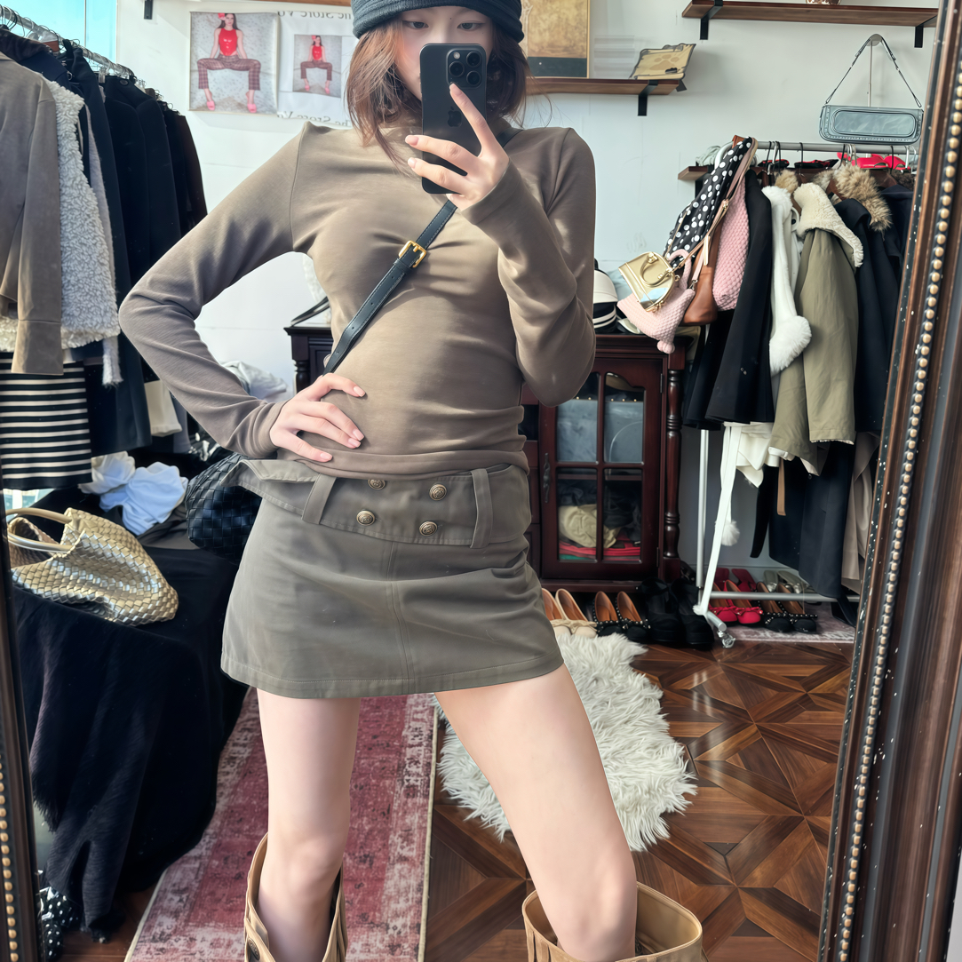 工装包臀短裙女秋季复古宽边一片式腰带设计感金属扣半身裙