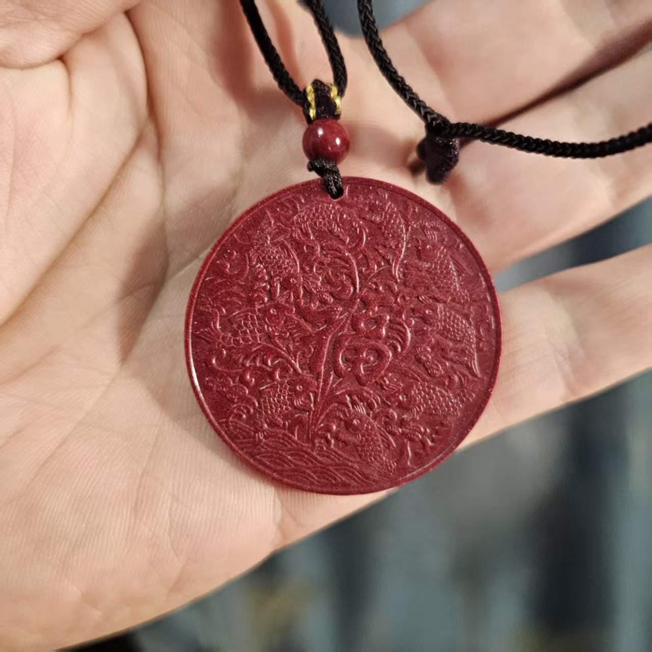 含辰砂工艺品福字锦鲤圆牌朱砂平安吊坠