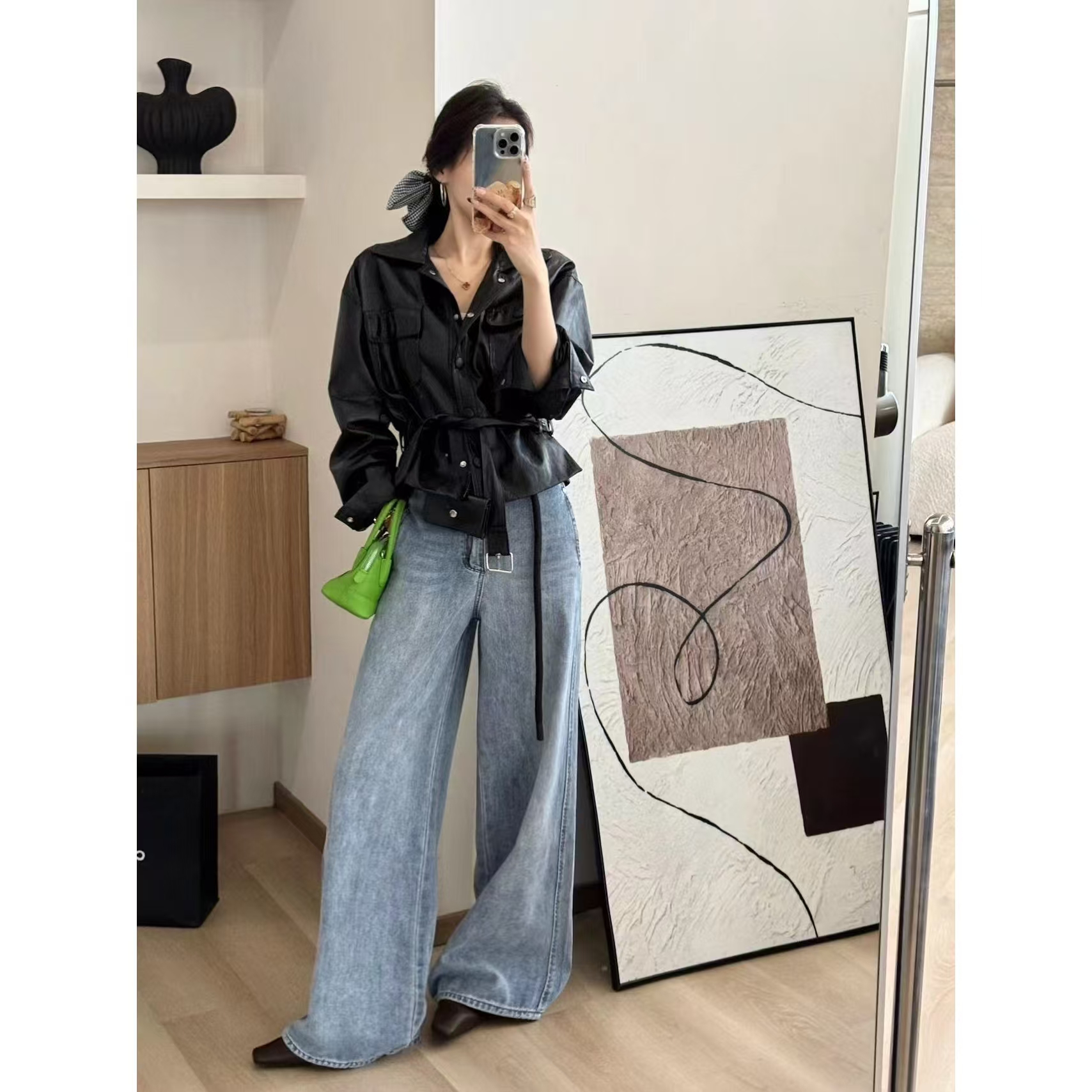 SP【宋佳bgm】 复古翻领工装PU皮衣外套女欧货女装短款夹克皮衣