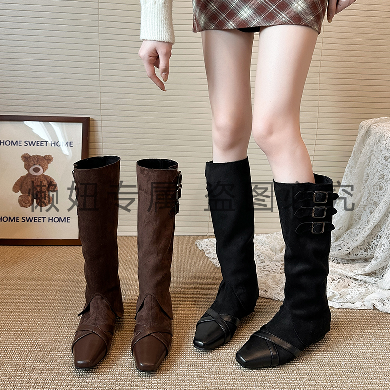 「两件套」复古拼色牛仔长筒2025今年流行靴子瘦瘦百搭秋冬中筒