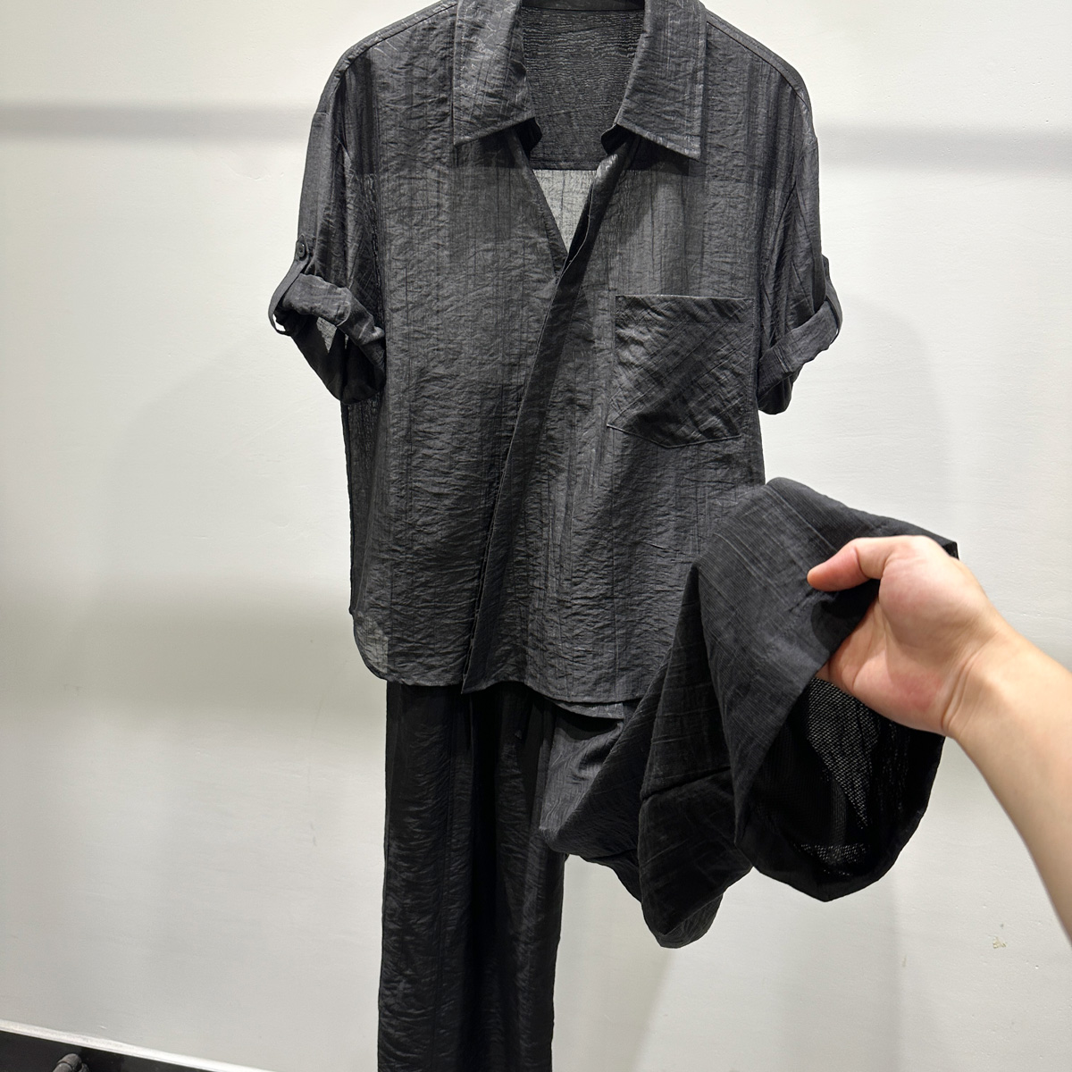 男士轻奢褶皱高级感半袖斜襟套装夏季舒适老钱风提花休闲两件套