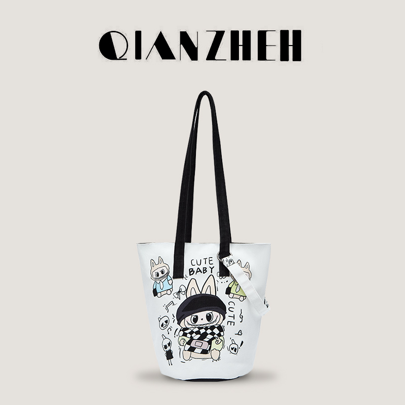QIANZHE新款女包可斜挎可单肩水桶包单肩包大容量卡通印花包包