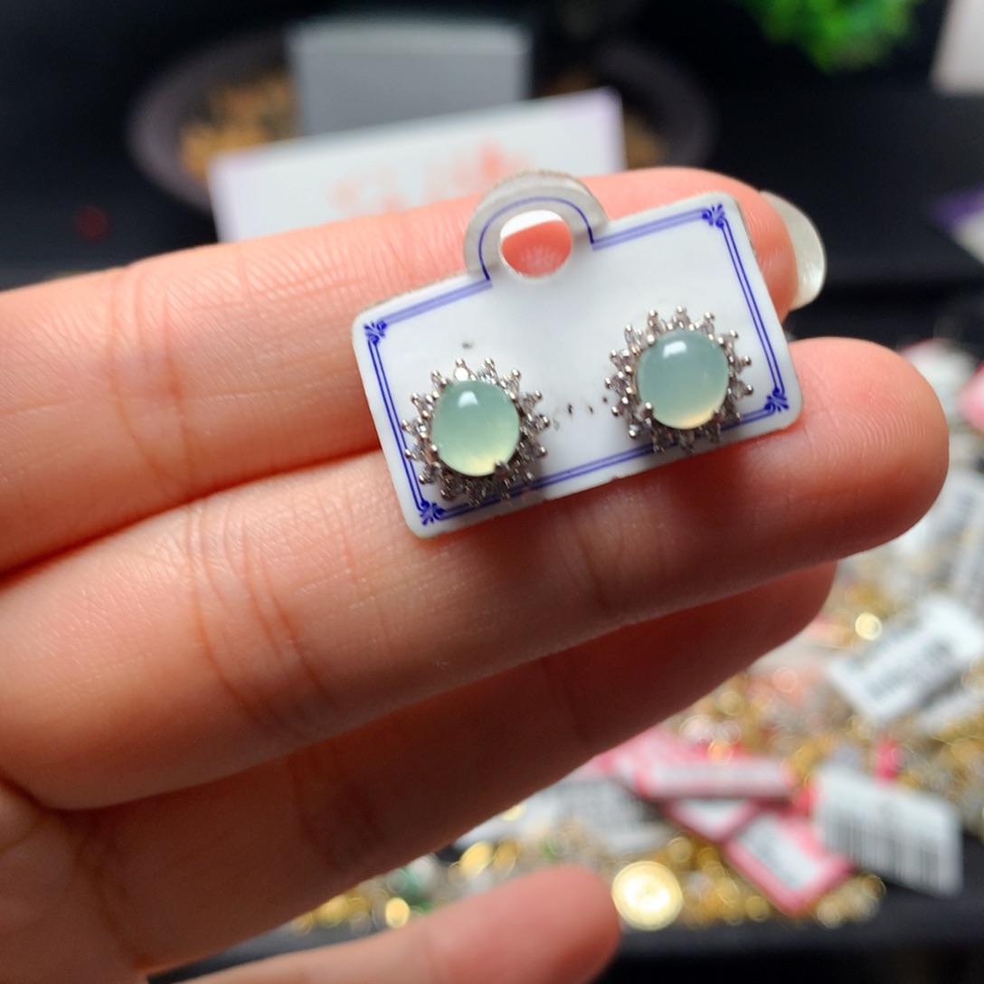 翡翠戒指银S925镶嵌天然翡翠耳饰