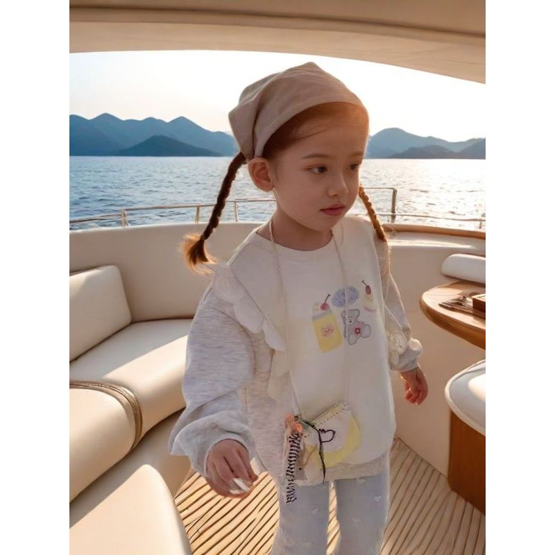 云 新款儿童拼接春秋长袖洋气休闲女童韩版花边拼接卡通图案C18