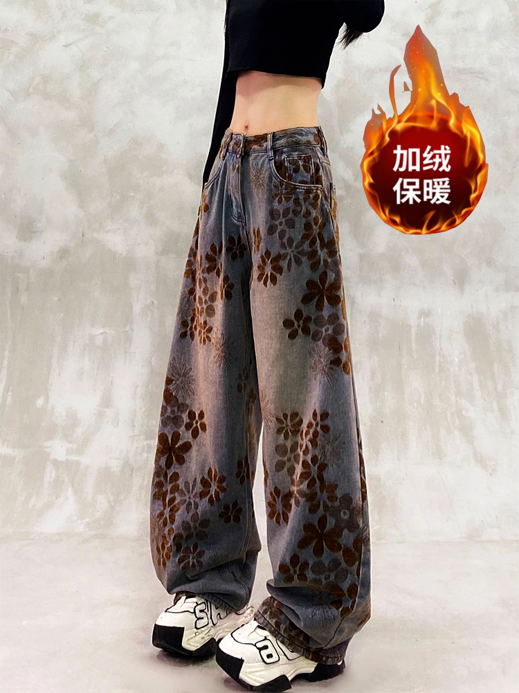 美式复古刺绣加绒加厚提花牛仔裤女2025新款秋季慵懒松弛感弯刀裤