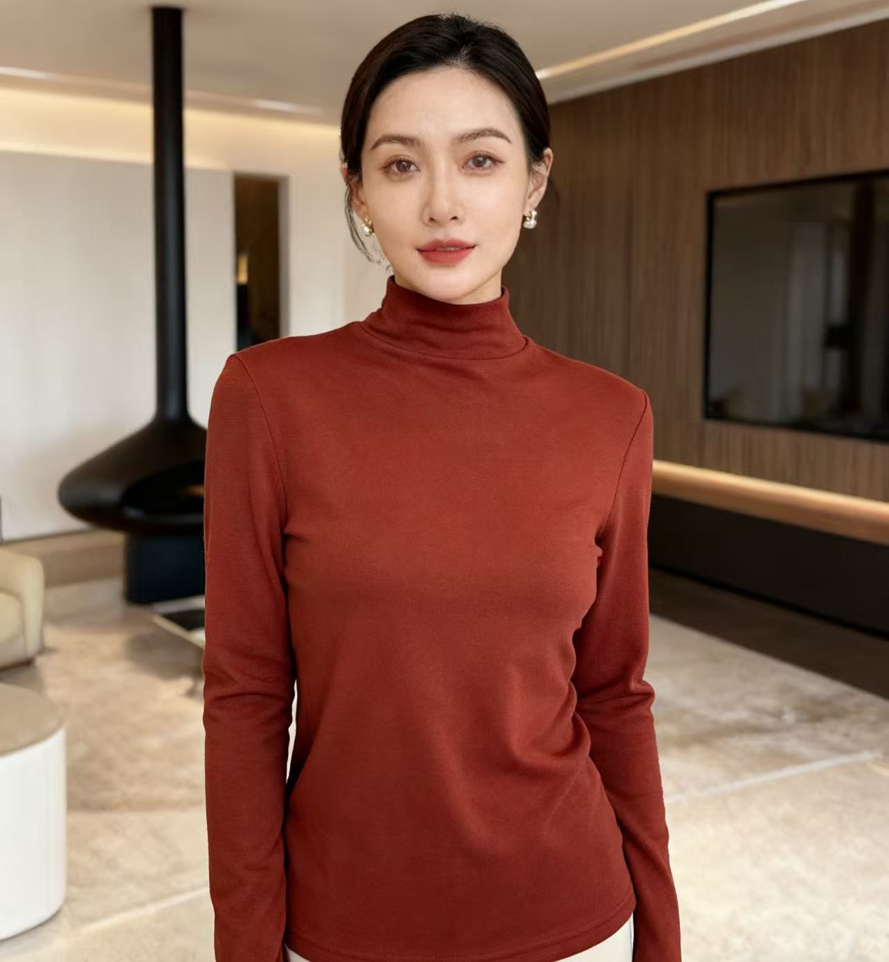 半高领常规袖有弹力法式澳绒T恤保暖加厚2025新款百搭休闲打底衫