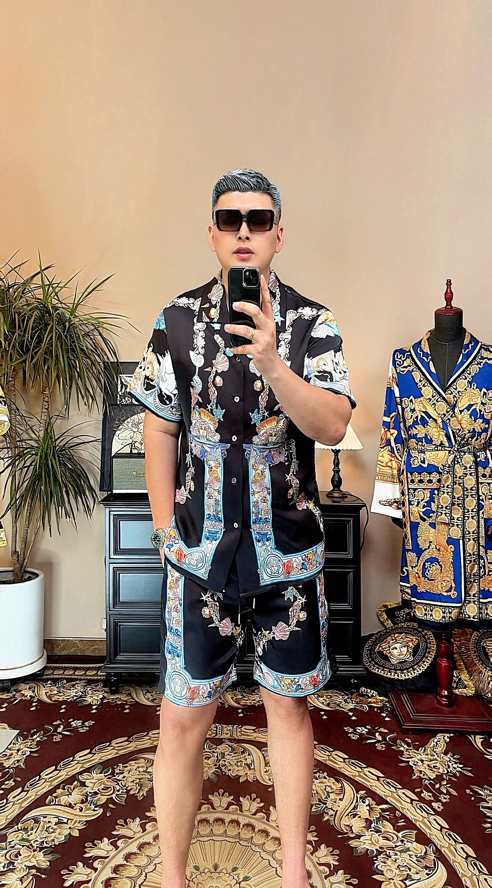 宫廷巴洛克-玫瑰贡缎短袖短裤套装轻奢时尚情侣款家居服饰可外穿！