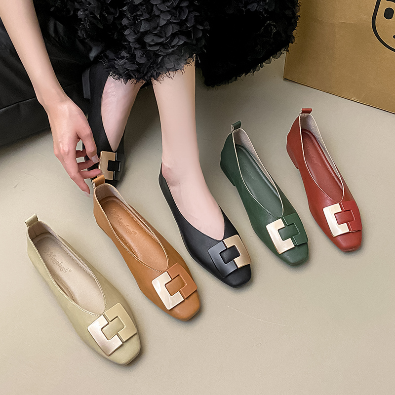 粗跟百搭瓢鞋软底真皮牛皮春秋薄款软底小红鞋秋季纯色常规单鞋子