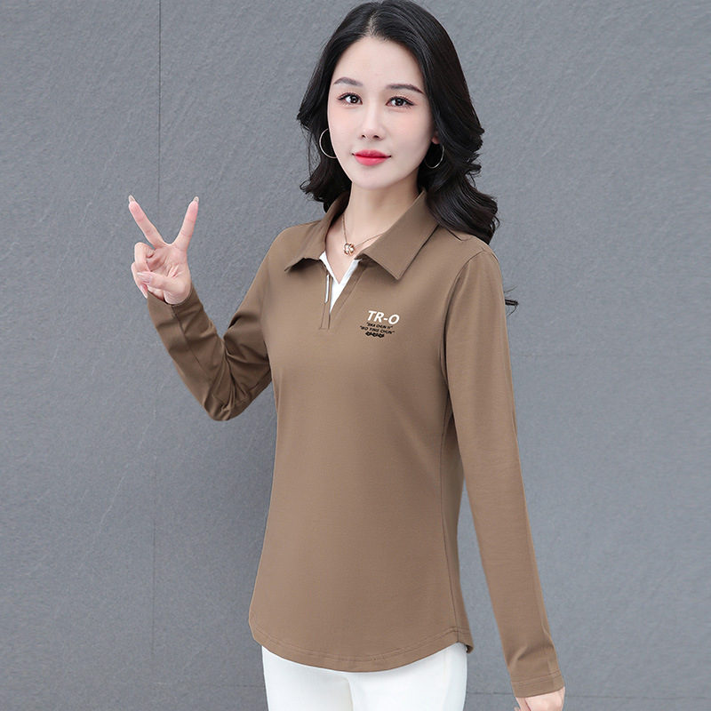 君欧黑色纯棉长袖t恤女立领polo2025春季新款打底衫单穿上衣宽松