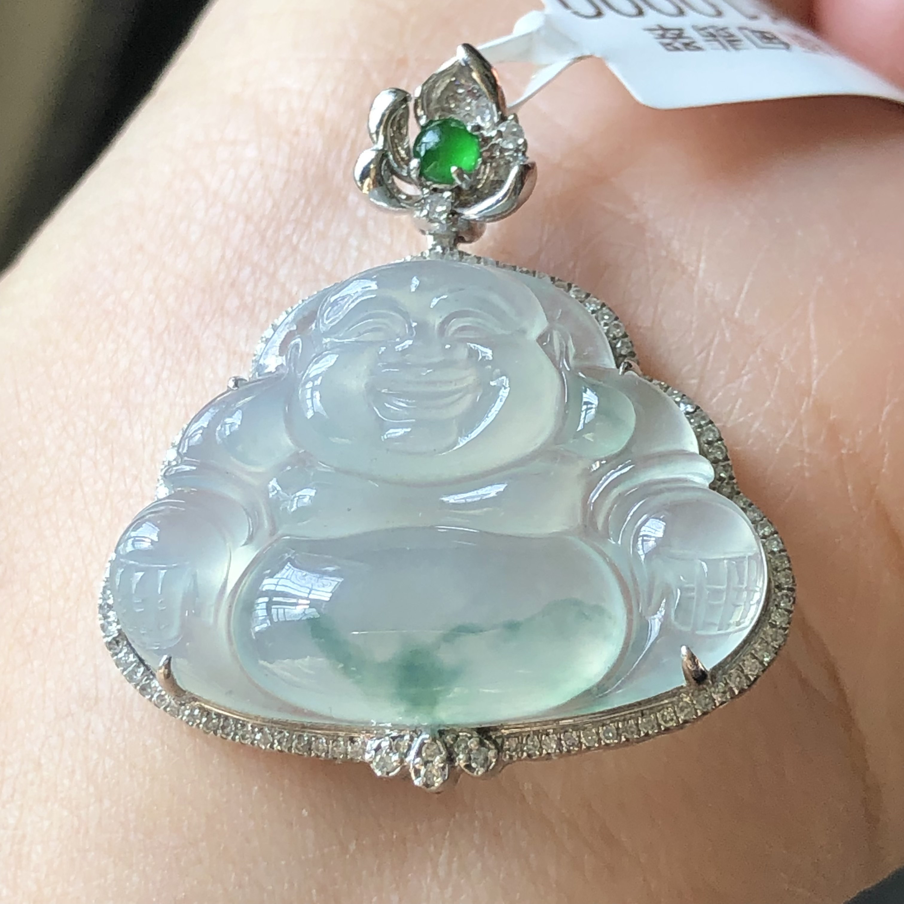 天然A货缅甸翡翠18K金镶嵌老坑冰种飘花佛公吊坠尺寸30.4/28.5/9