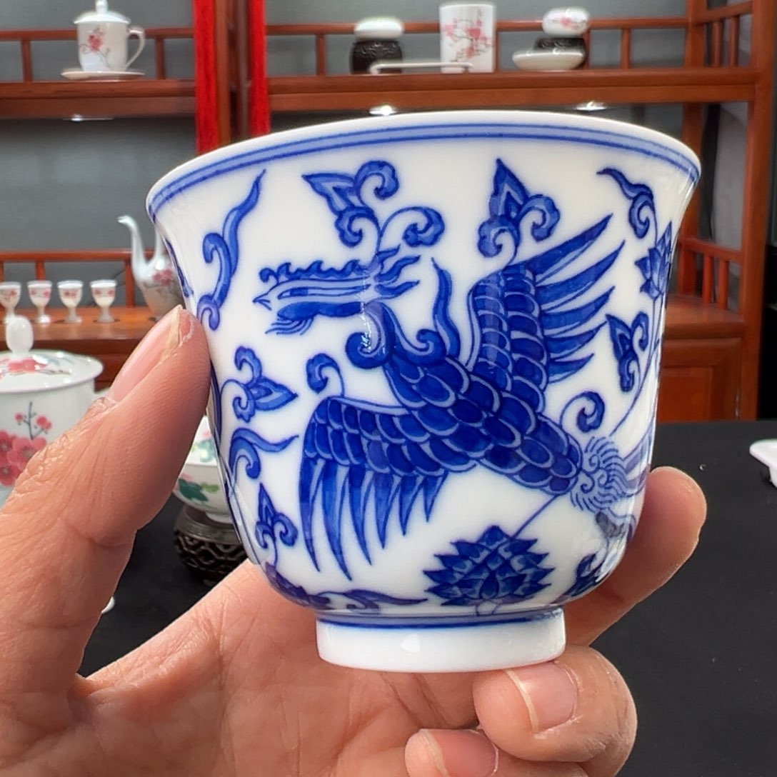 柴窑青花双凤铃铛杯