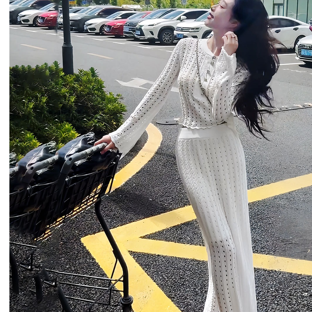 小香风镂空针织短款上衣半身裙套装女2025早秋新款性感女装两件套