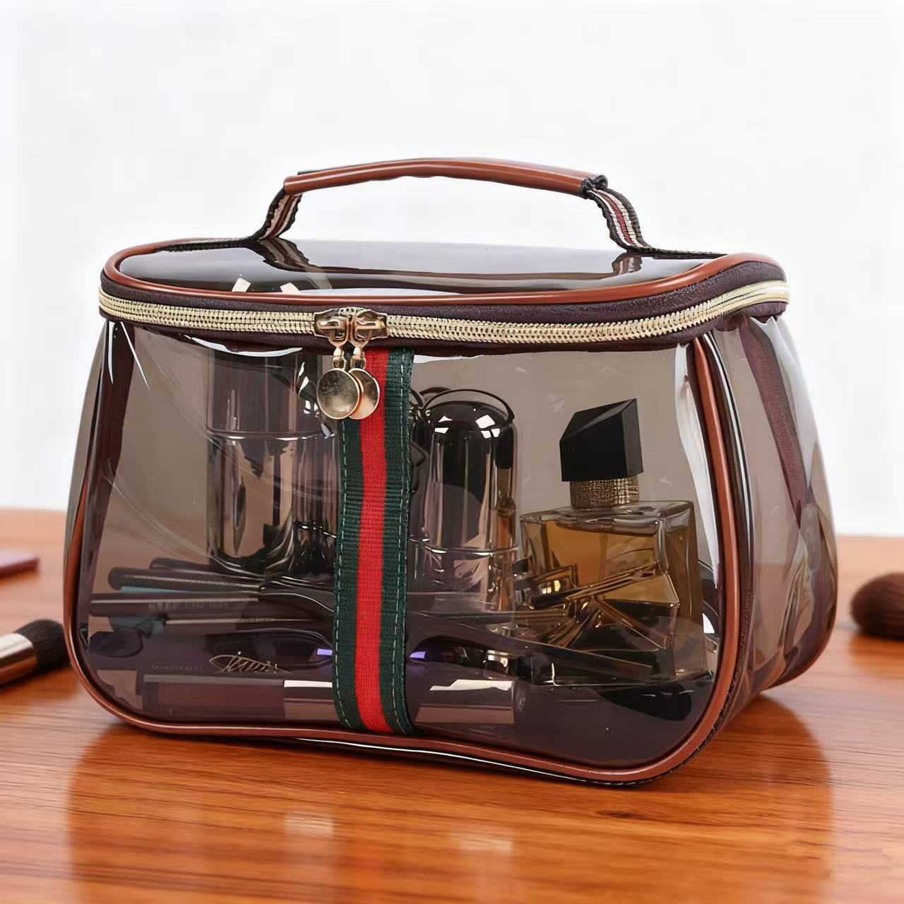 Gudisha W16透明咖色化妆包 高级感收纳袋外出便防水手提包