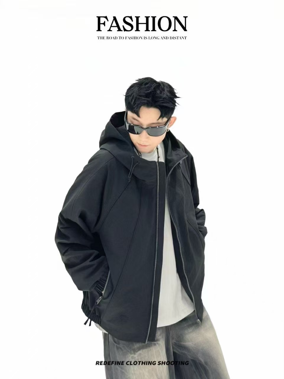 秋冬连帽工装外套棉服男宽松百搭拼接加厚二棉外套男士