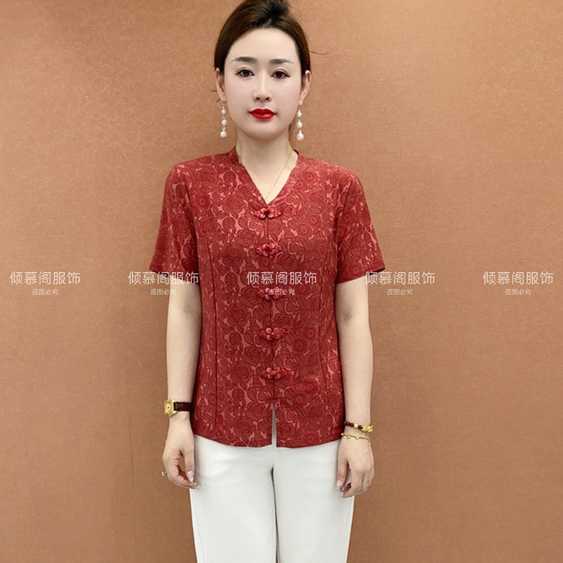 夏季新款短袖T恤女妈妈装显瘦洋气盘扣上衣中老年女气质国风小衫