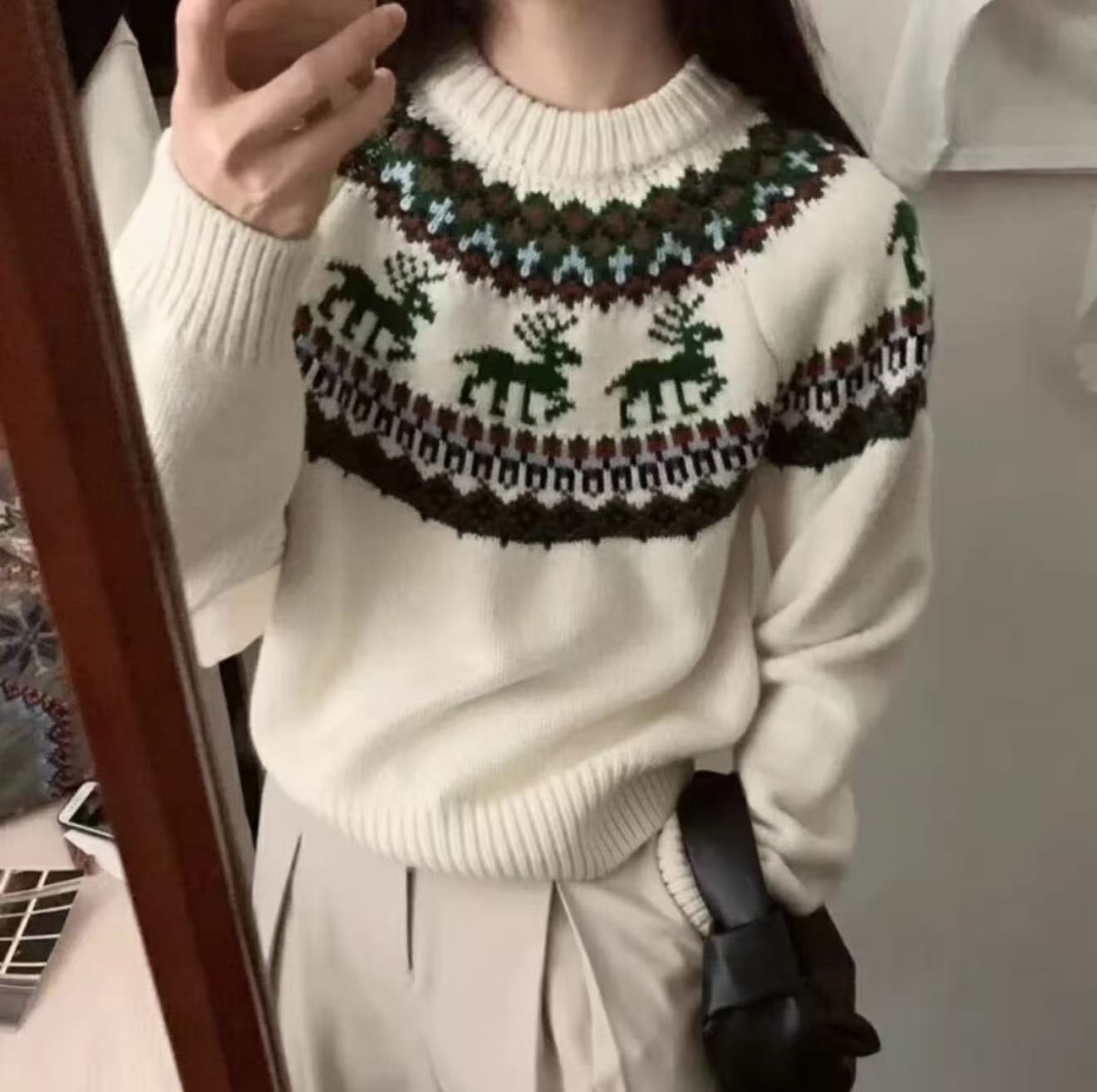 T1034 雪落时的小鹿 韩系圣诞新款针织套头女