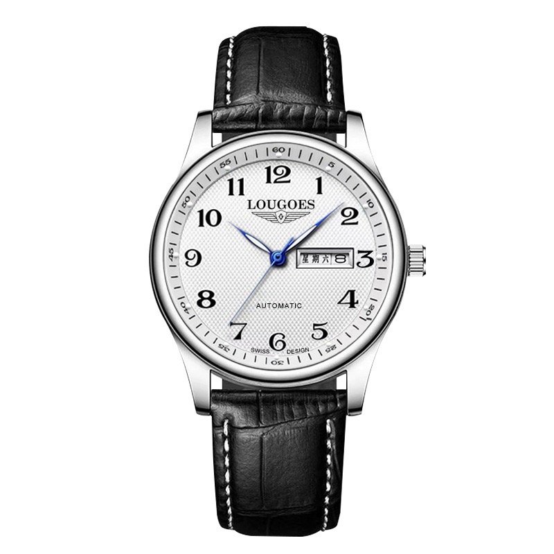 LOUGOES名匠黑色皮带双日历表径39mm全自动腕表