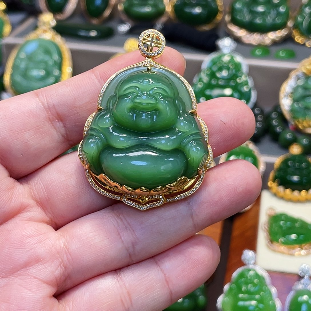 和田玉（碧玉）颈饰18K金镶嵌向**粉绿猫眼佛公34