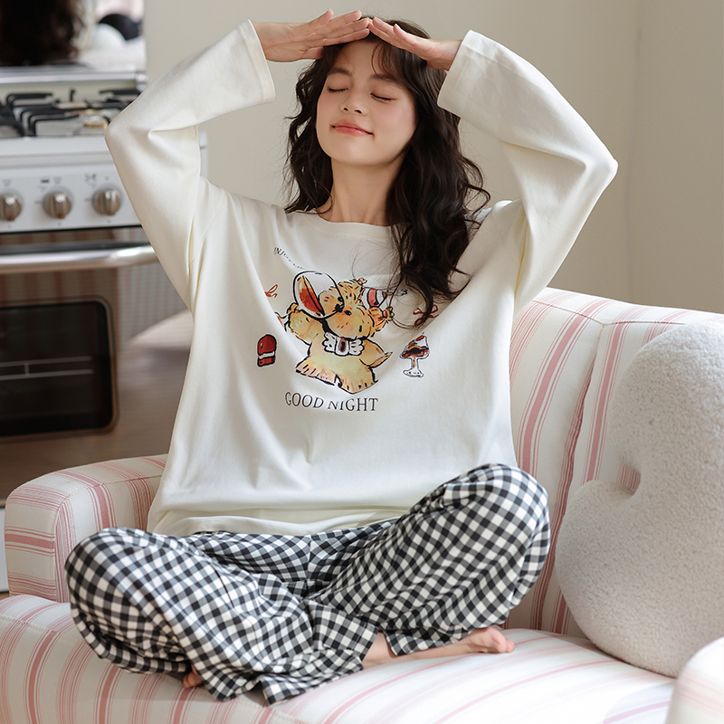 2025新款春秋冬女士睡衣纯棉长袖全棉卡通格子可外穿家居服套装