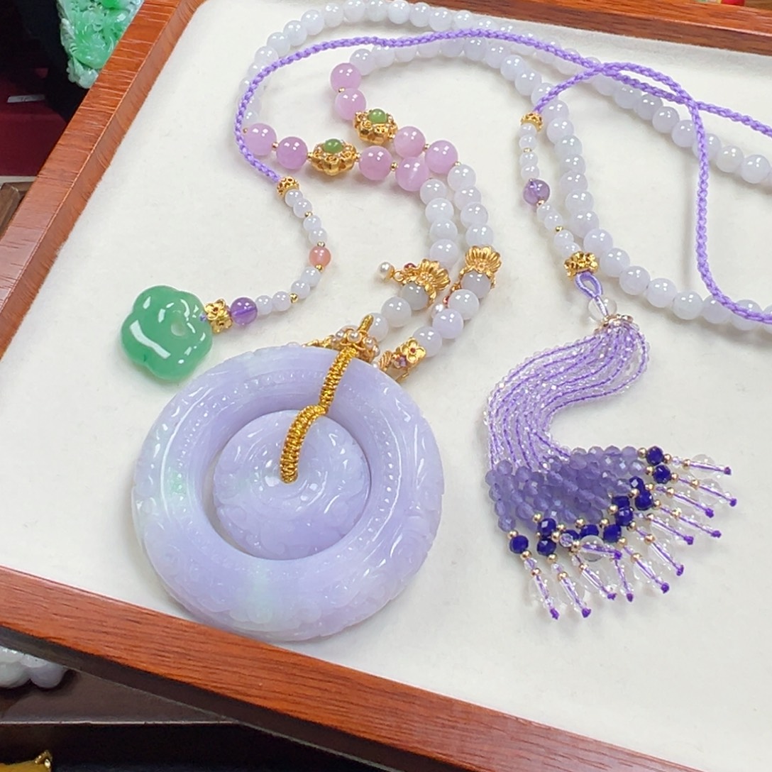 翡翠未镶嵌毛衣链紫翡子母扣