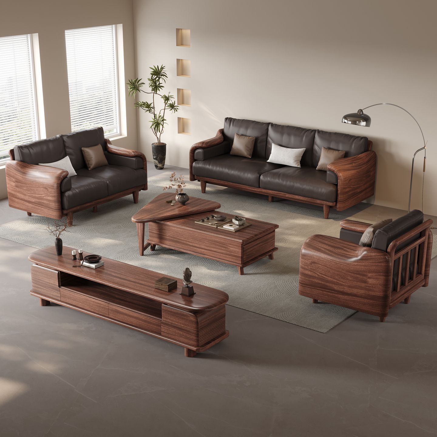 2516#现代客厅乌金木中式简约实木沙发组合家用两用小户型贵妃