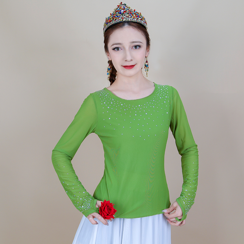 天翼美新疆舞蹈服维族舞高弹网纱重工烫钻网纱上衣