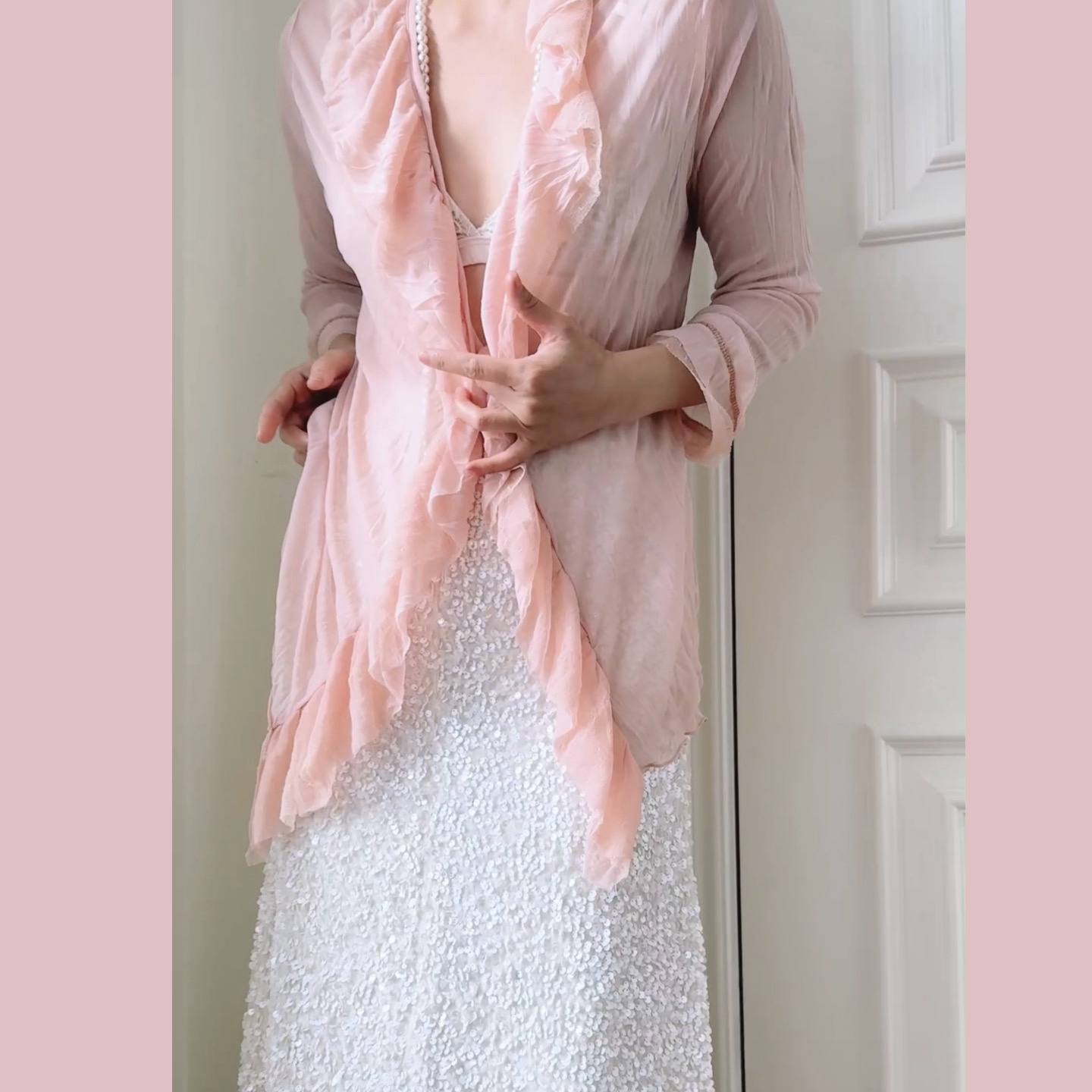 古着vintage|粉色荷叶边系带长袖开襟衬衫夏季百搭