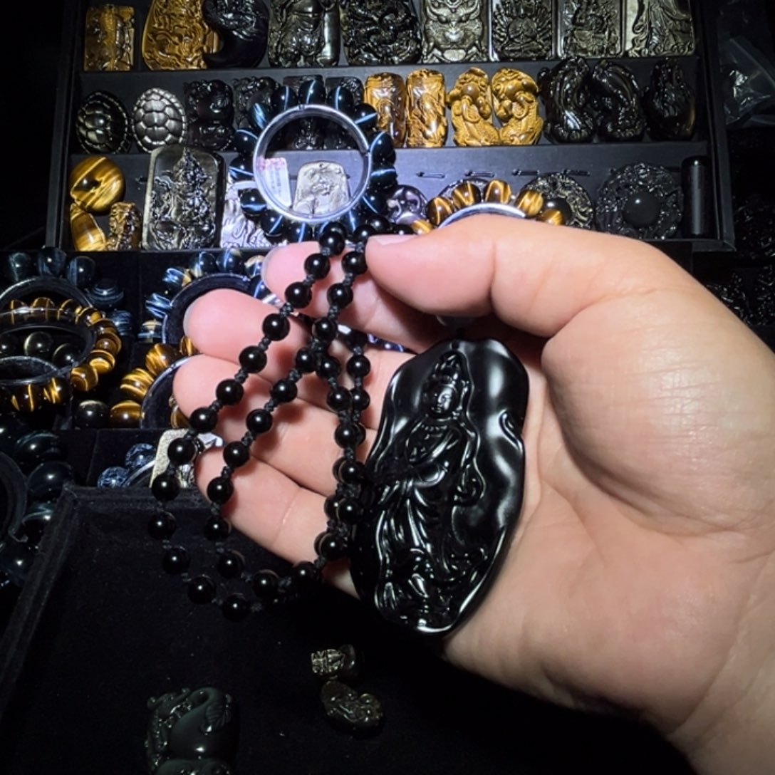 未镶嵌黑曜岩手链泡*。天然黑曜石南海观音吊坠全珠链