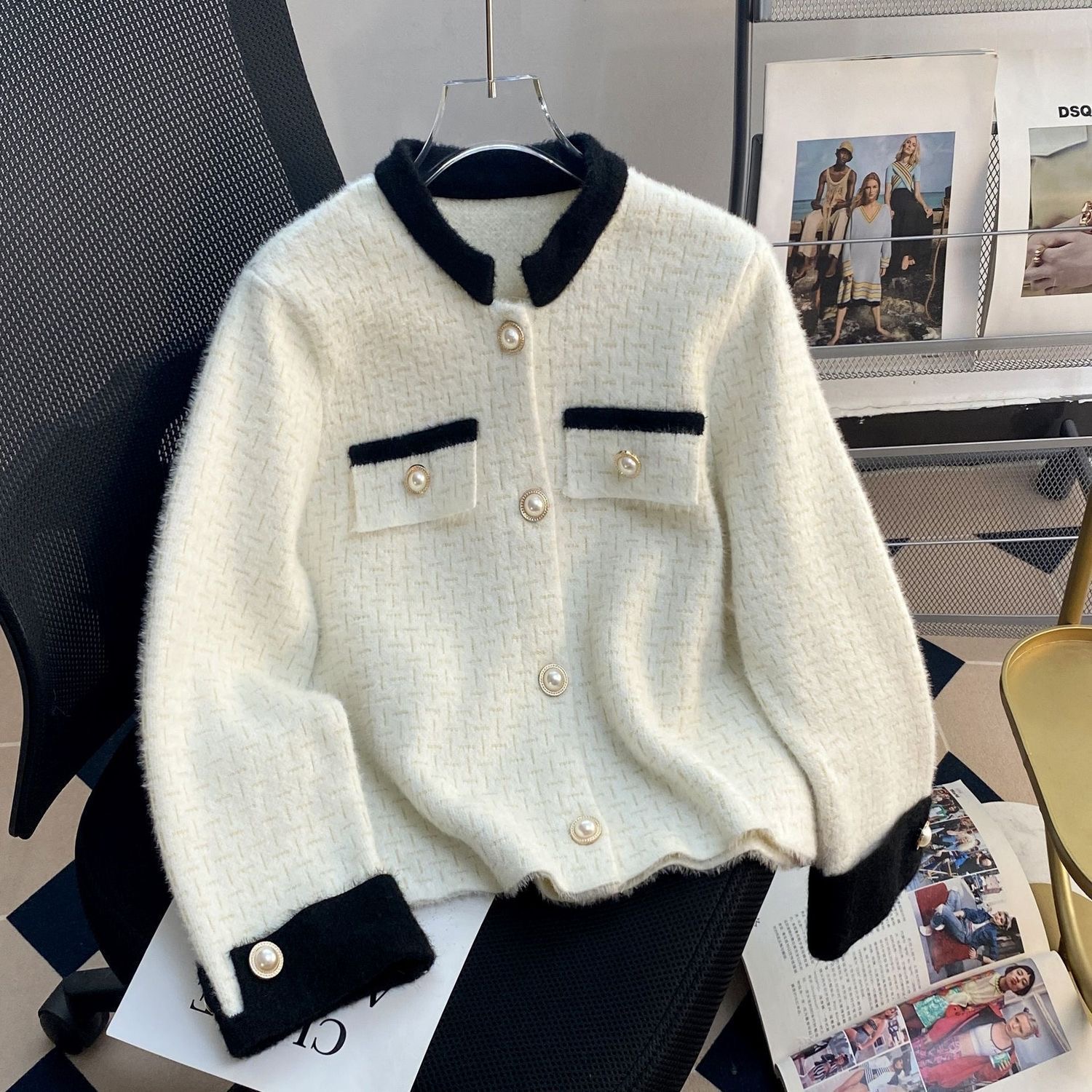 2510-仿水貂香风新款时尚百搭外套宽松小个子轻奢开衫-短款立领