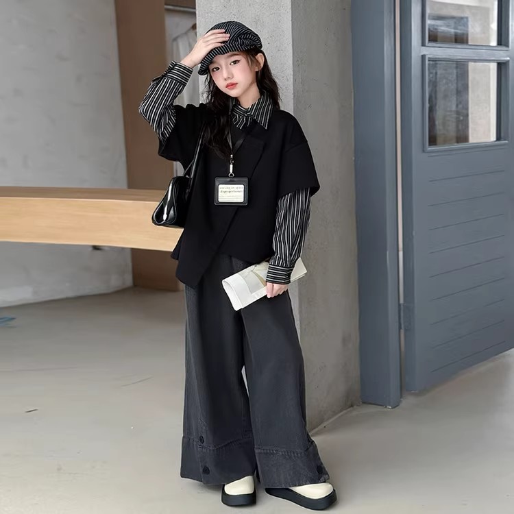 女童套装秋装2025新款儿童时尚不规则假两件衬衣小女孩牛仔阔腿裤
