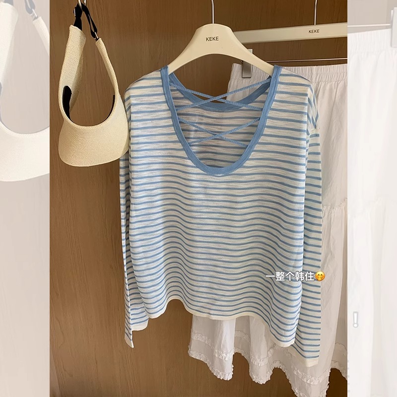 蓝色条纹后背镂空冰丝长袖t恤罩衫女夏日轻薄外搭防晒空调衫上衣