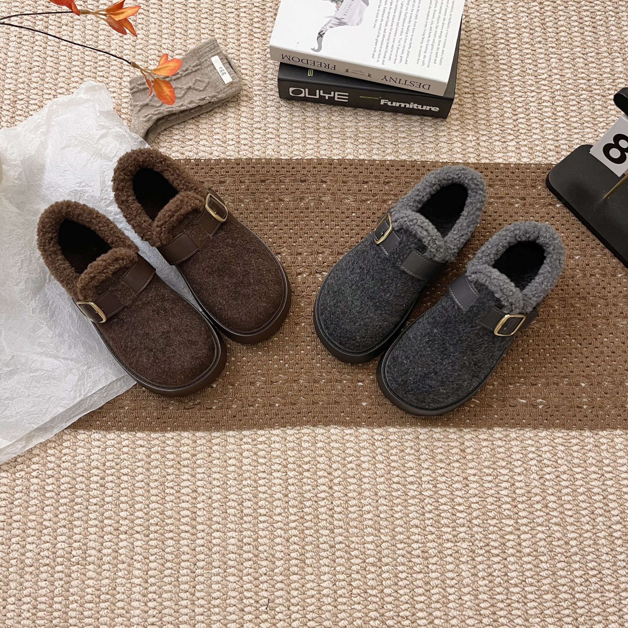 厚底毛呢勃肯鞋女2025新款冬季加绒复古百搭保暖雪地靴毛毛棉鞋