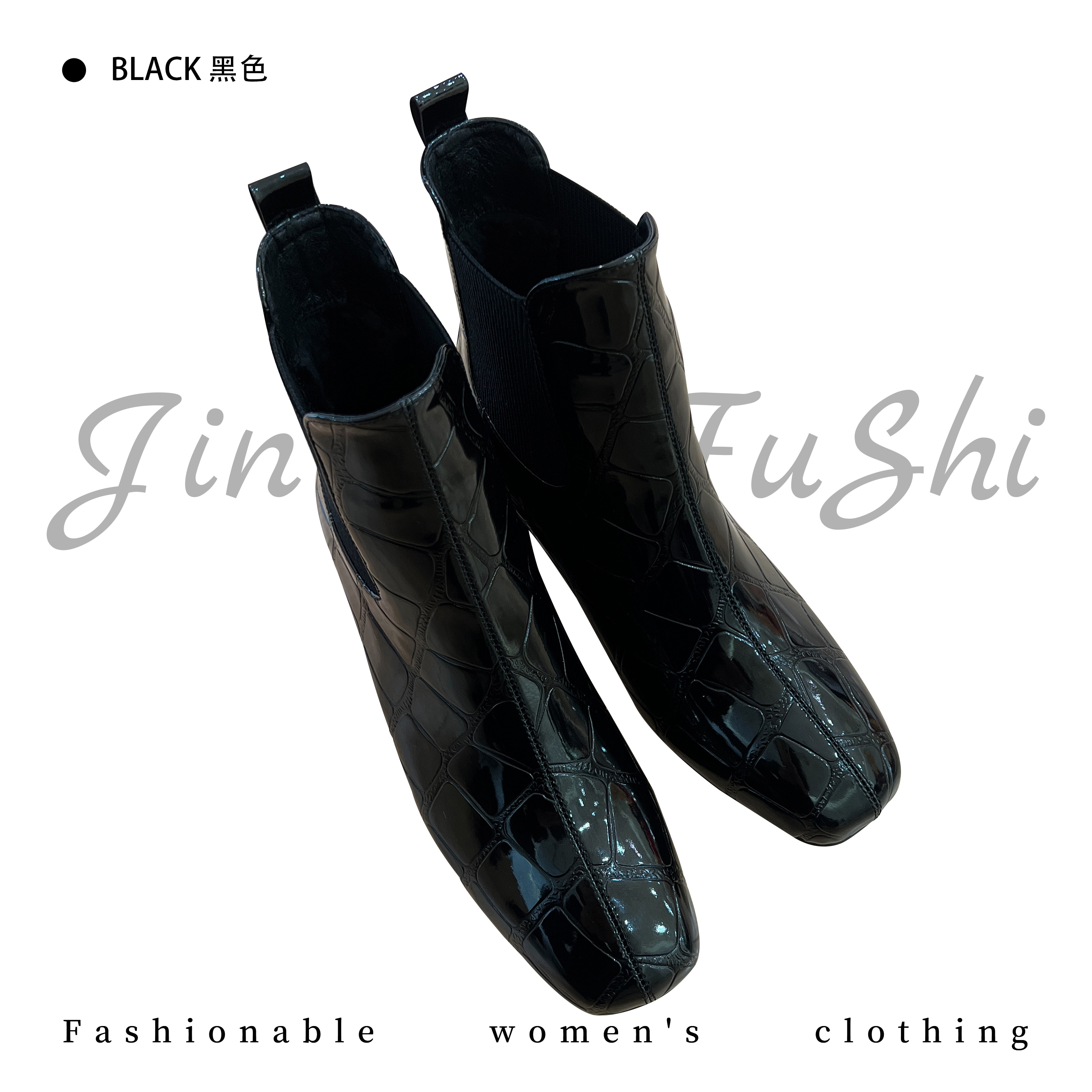 【金典原创女装】方头粗跟漆皮英伦风百搭短靴   石头纹女筒靴128-8