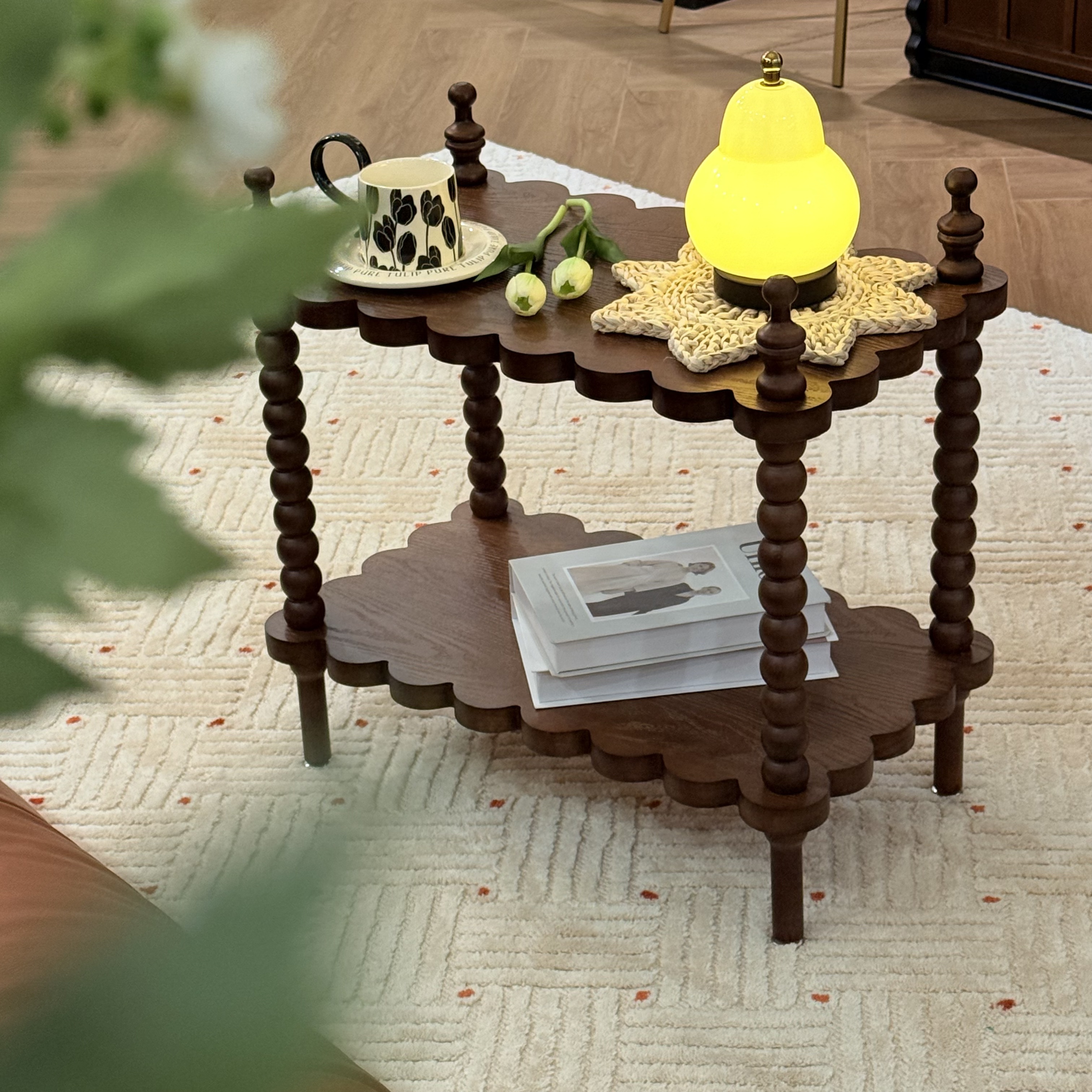 法式复古实木床头客厅中古沙发茶几置物架移动圆形小桌子家用角几