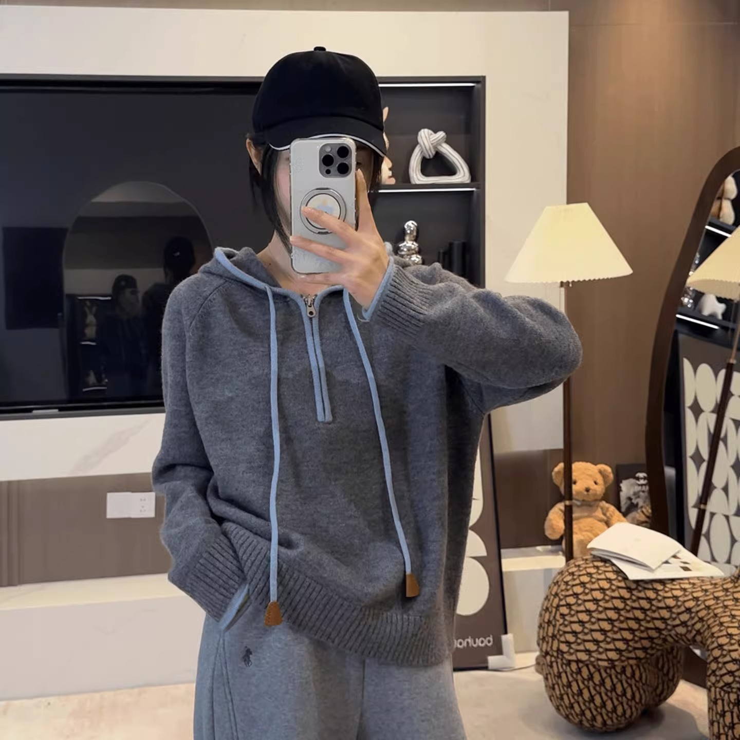 韩系学院风撞色半拉链连帽毛衣女秋冬宽松慵懒加厚内搭打底针织衫