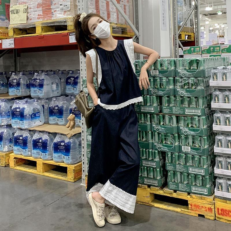 9665# 大码夏季休闲时尚蕾丝花边无袖背心上衣搭配花边裤