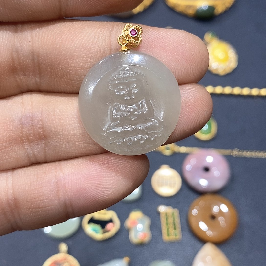 和田玉颈饰银S925镀金镶嵌