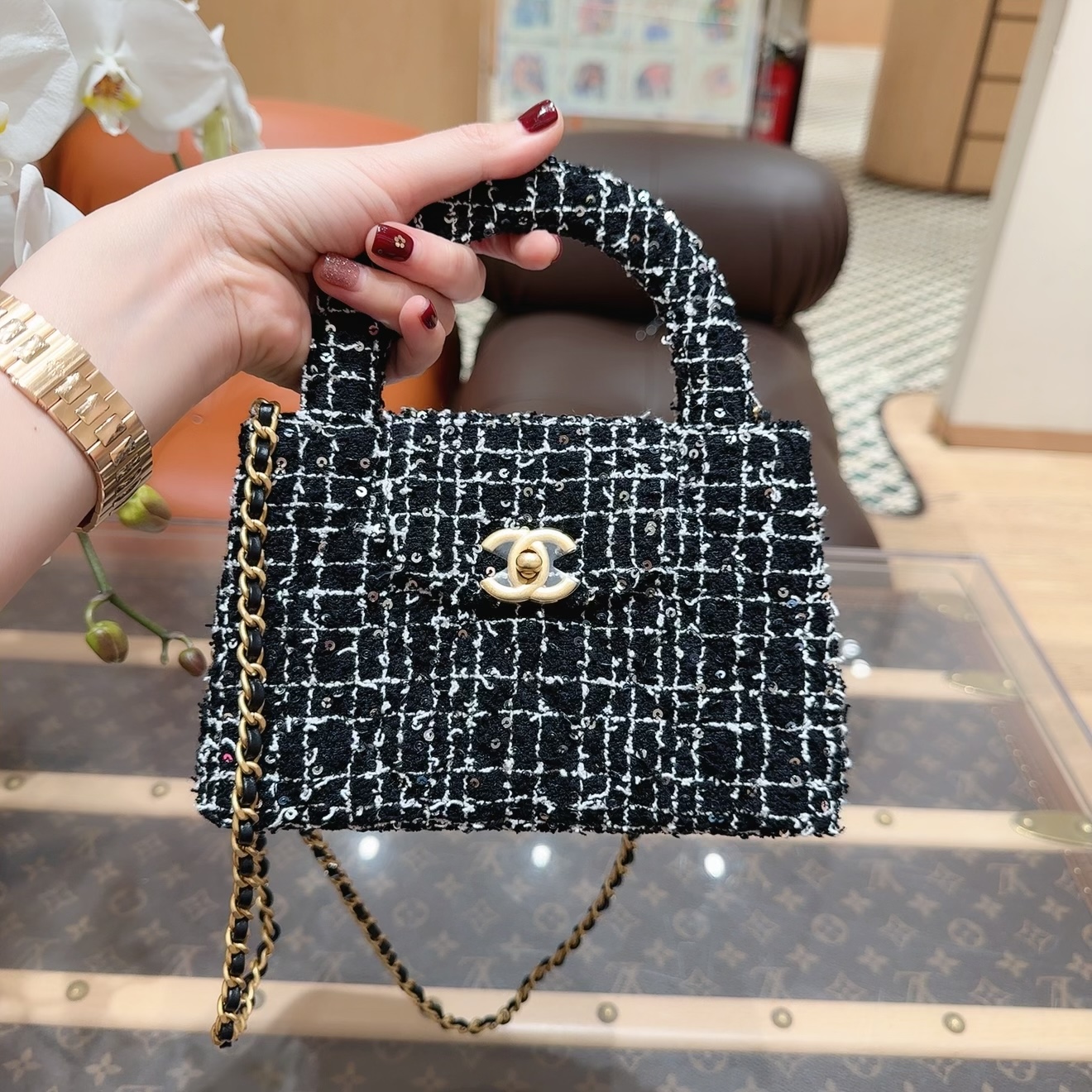 全新未使用 Chanel/香奈儿 24P 粗花呢 Kelly 黑白拼色金扣  