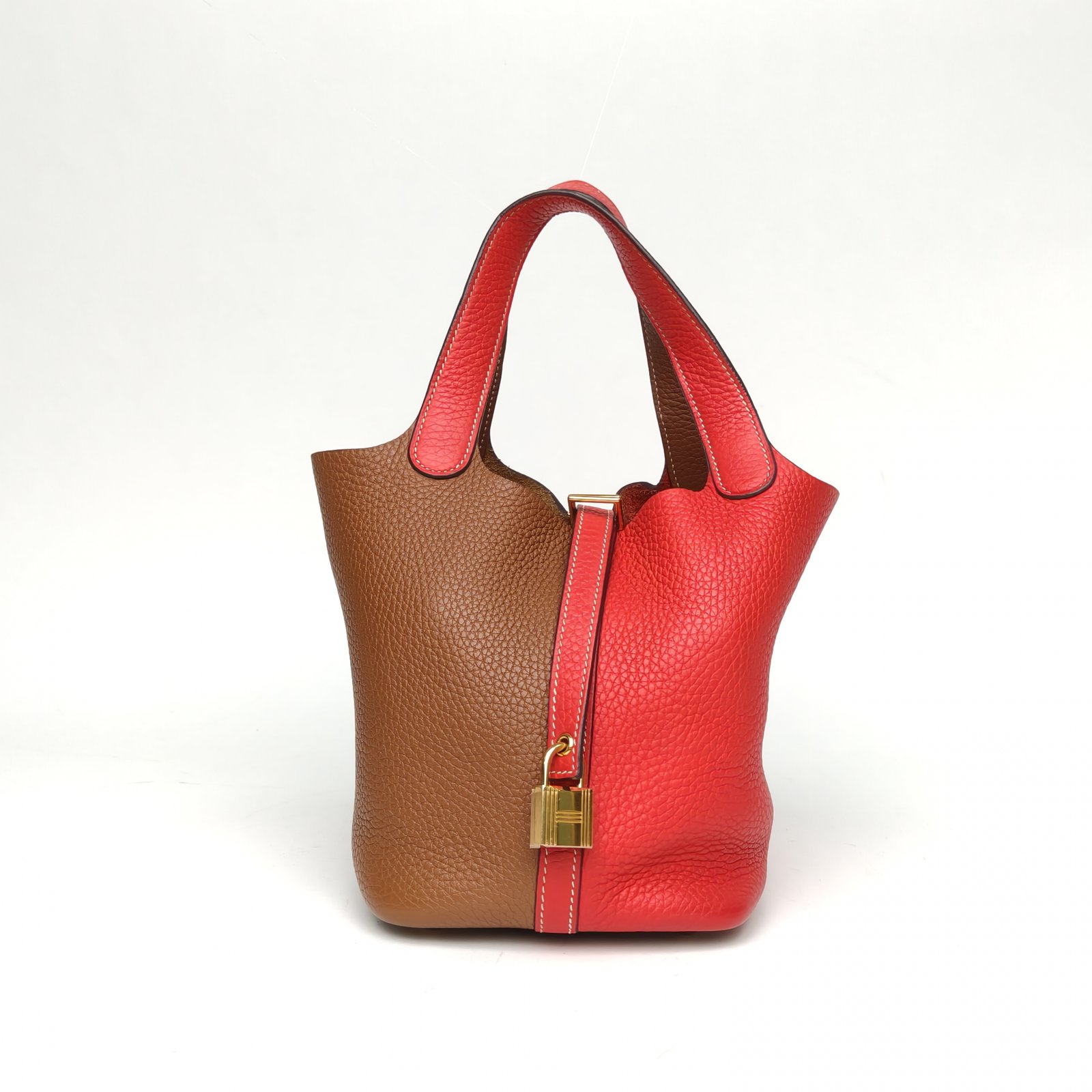 95新 Hermes/爱马仕 【娇】18 菜篮子 S3心红色拼37金棕 TC皮 D刻