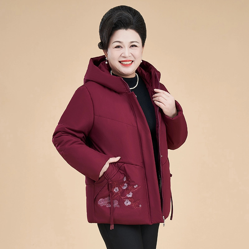 大码妈妈装秋季新中式洋气刺绣设计棉衣连帽拉链款棉袄加绒棉服女