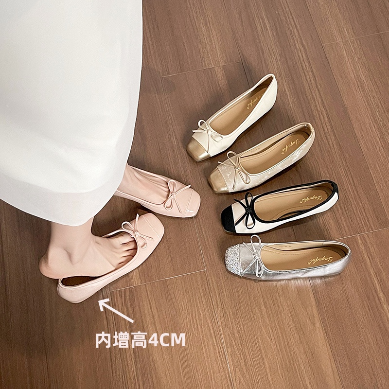 法式方头内增高套脚浅口单鞋时尚百搭软底蝴蝶结芭蕾舞单鞋网红