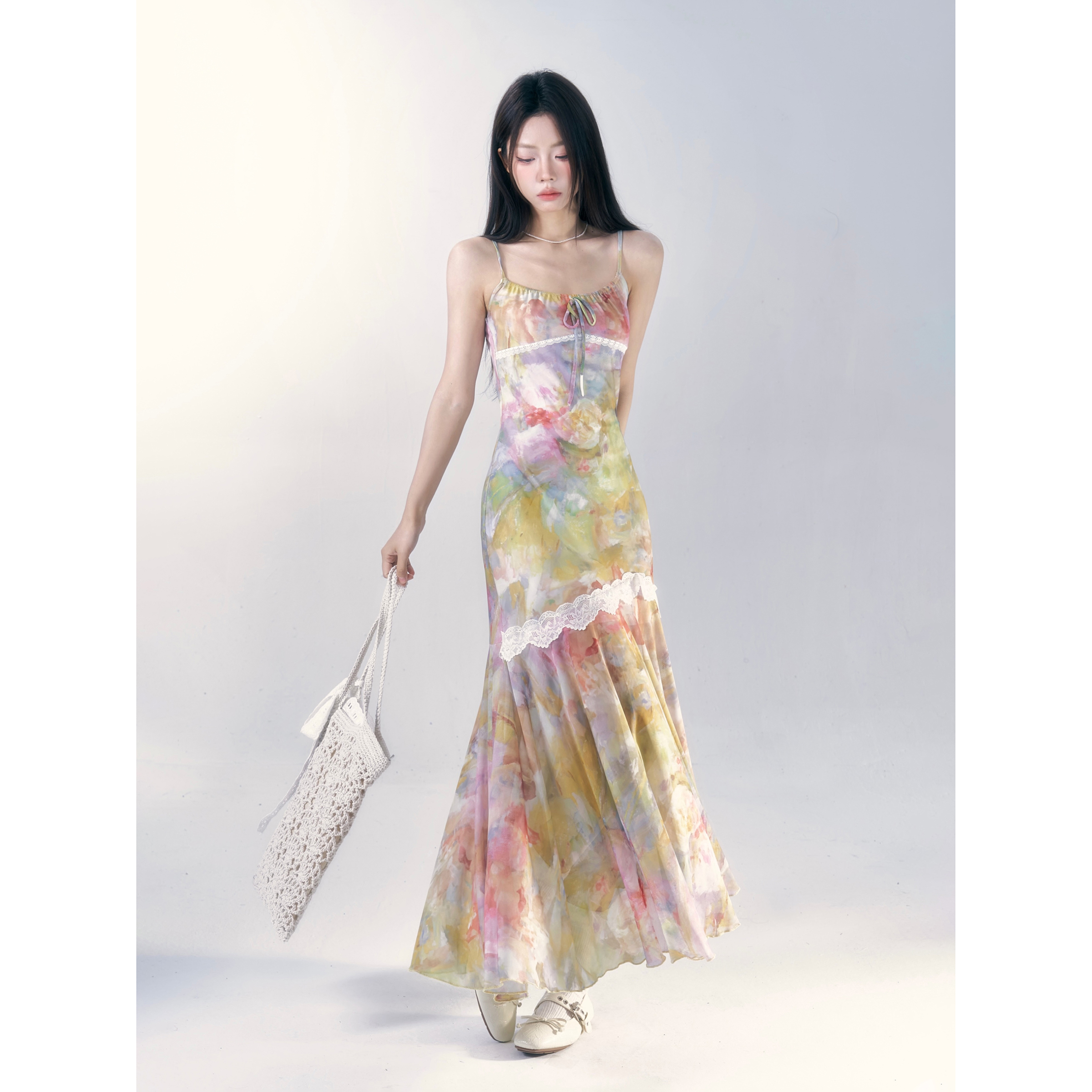 【小野莓】法式晕染度假风设计感蕾丝边收腰显瘦系带连衣裙BL97232