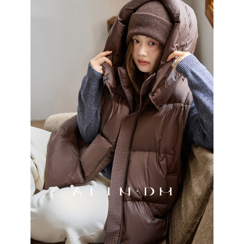 ALINDM【云感泡芙】大码女装胖mm温暖蓬松羽感连帽羽绒马夹AS27251