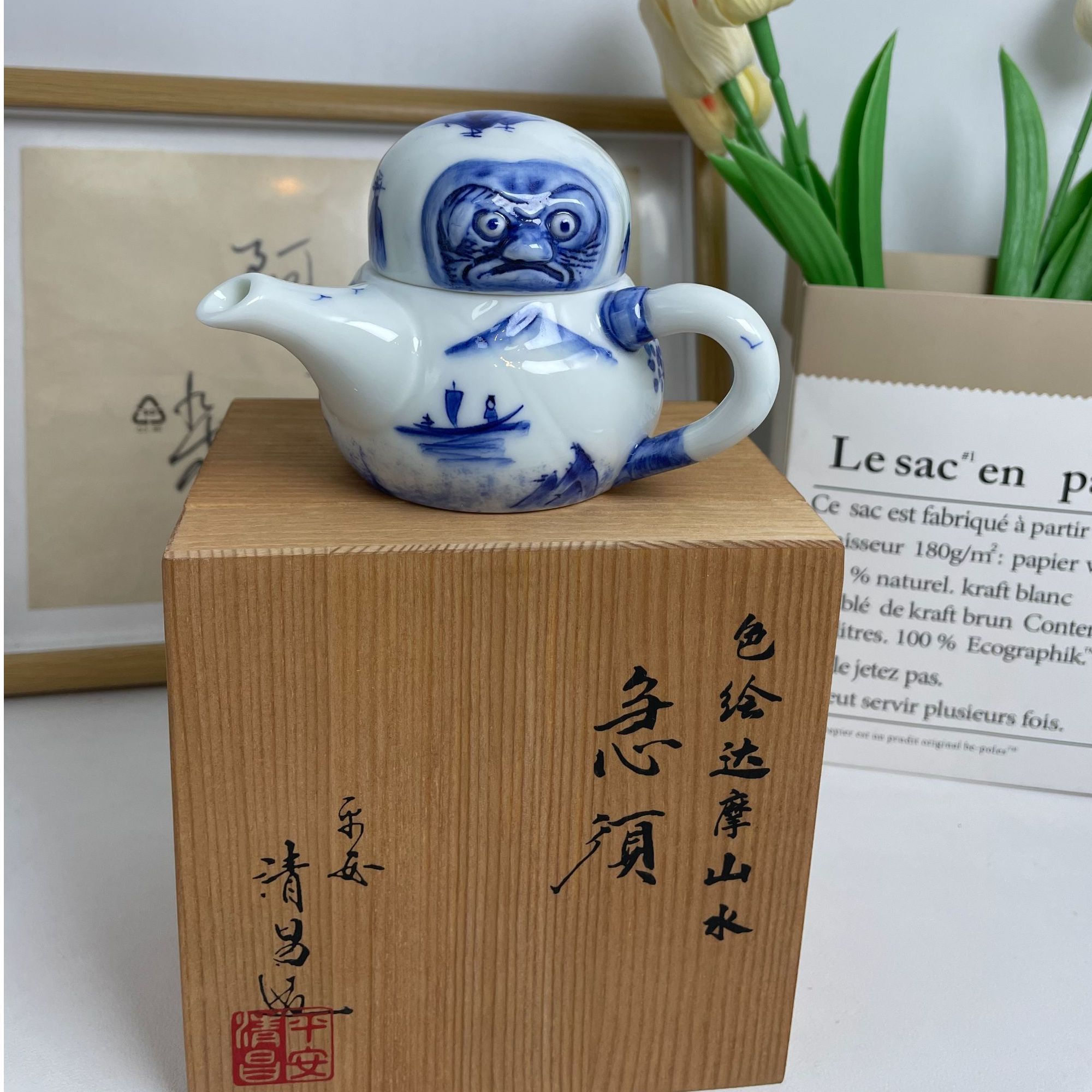 日本清水烧 平安清昌侧把壶 青花手绘