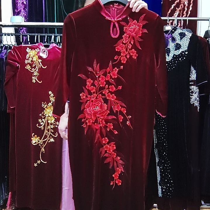 酒红色金丝绒刺绣长款旗袍4XL胸围112腰围96