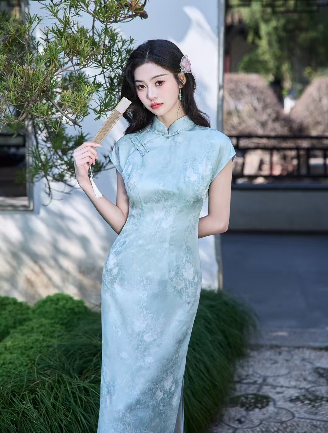 2025新款湖蓝中国风长款旗袍显瘦修身高级感新中式