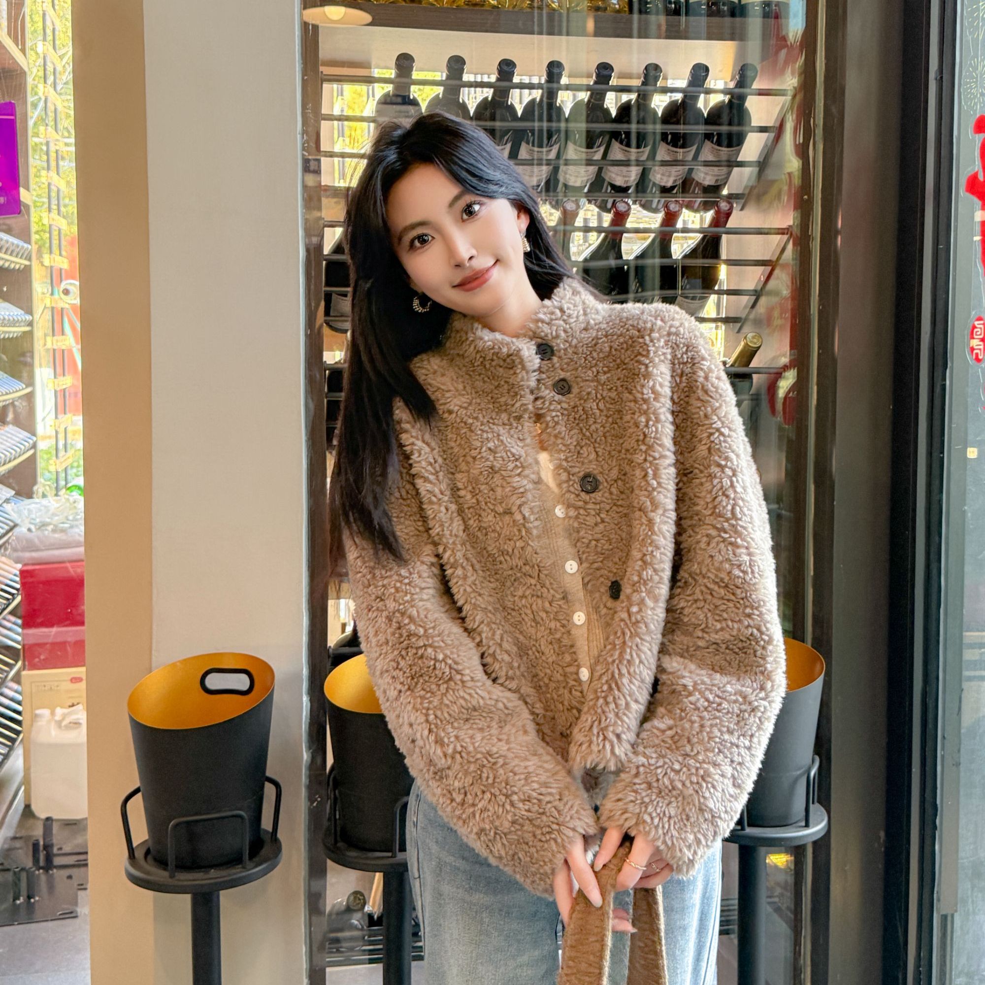 蔚萝00小立领短款羊毛大衣韩版羊剪绒皮毛一体皮草外套女绵羊羔毛